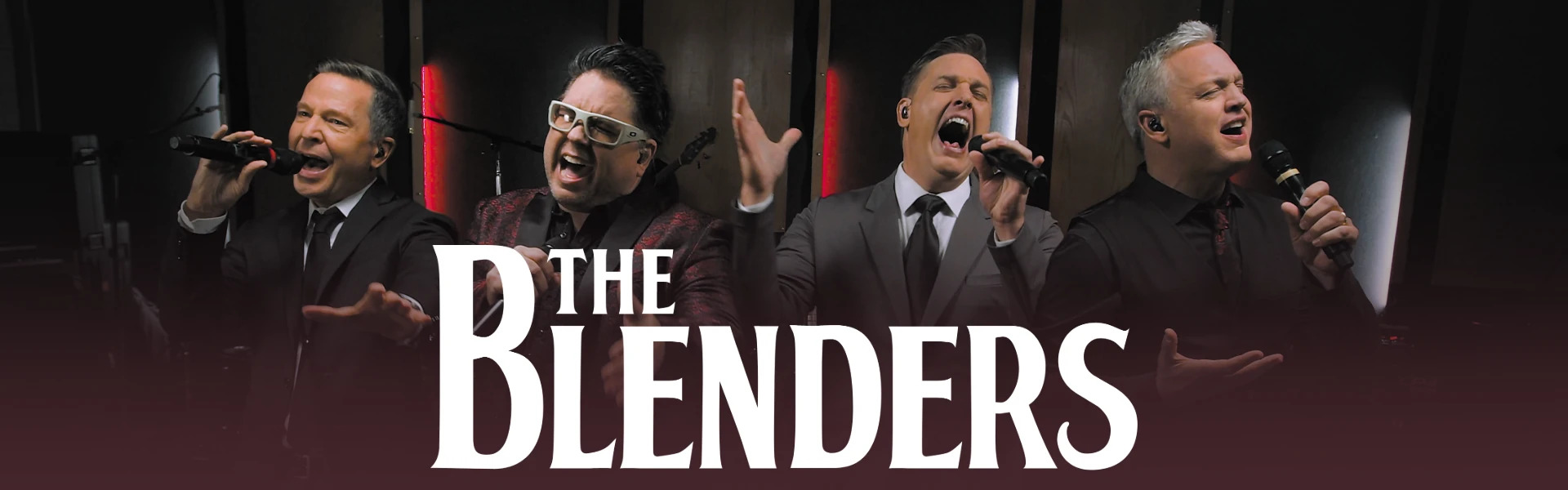 Promotional image for 'The Blenders,' featuring the four members of the vocal group singing passionately into microphones, with the group name in bold text at the bottom.