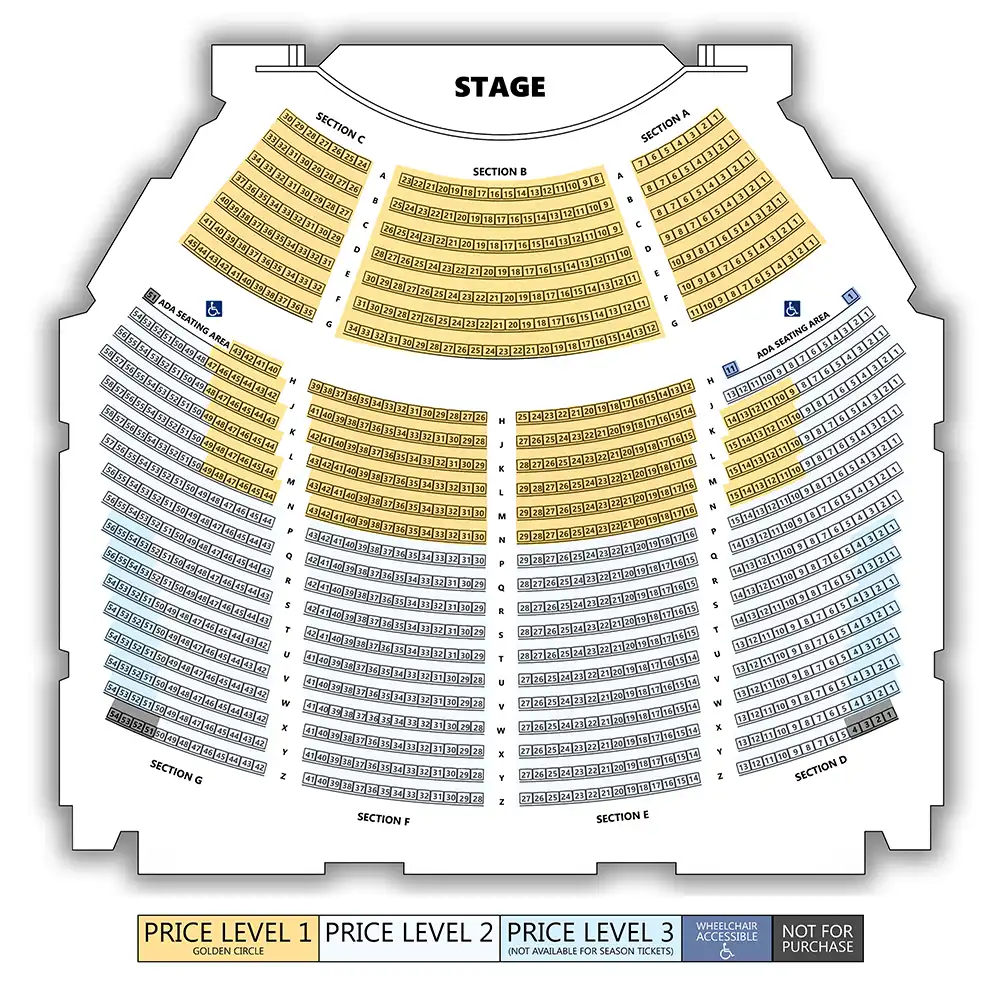 Seating chart for a theater showing sections A through G, with price levels indicated: Price Level 1 (Golden Circle) in yellow, Price Level 2 in gray, Price Level 3 (not available for season tickets) in blue, wheelchair accessible areas, and sections not for purchase.