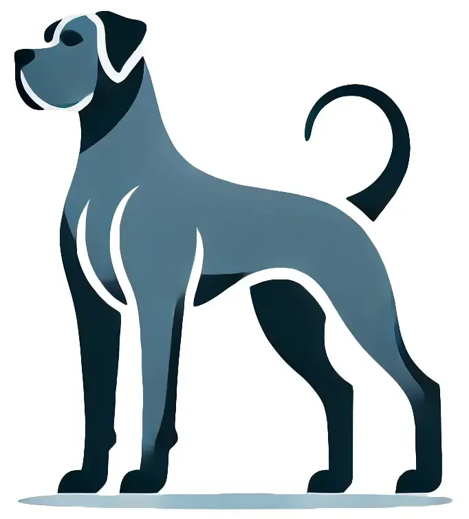 A simple vector illustration of a large Great Dane standing upright, facing right. The dog is depicted in shades of light blue with smooth lines and minimal details, featuring long legs, a muscular body, and a curved tail. The overall style is clean and modern, giving the dog a sleek and noble appearance.