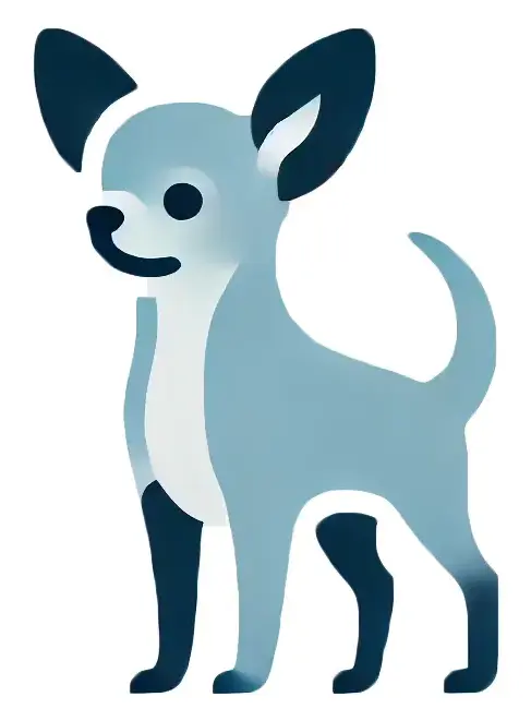 A simple vector illustration of a small Chihuahua standing upright. The dog is depicted in shades of light blue with smooth lines and minimal details, including large ears, a curved tail, and a compact body. The overall style is clean and modern, with a playful and minimalist appearance.