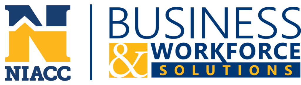 NIACC Business and Workforce Solutions logo featuring a stylized 'N' in blue and yellow on the left and the text 'Business & Workforce Solutions' in bold blue and yellow lettering on the right.